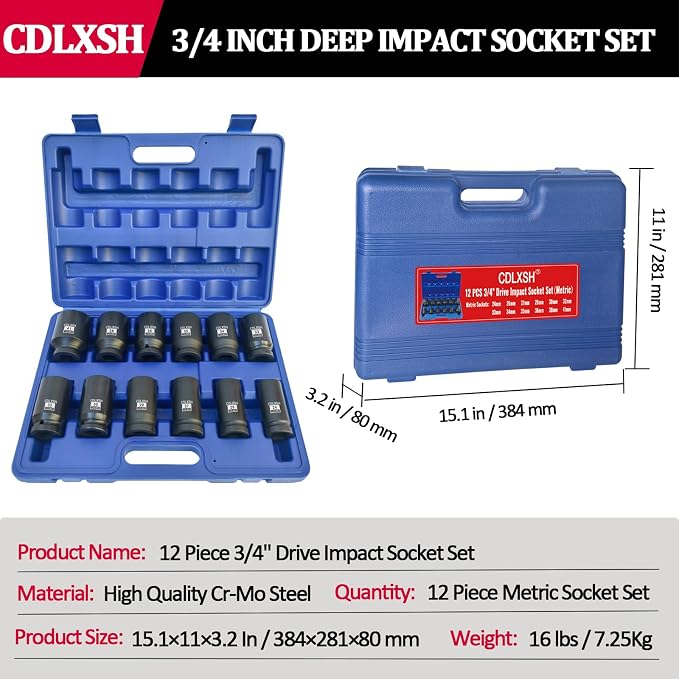 3/4 Inch Drive Impact Socket Set, 12 Pcs Metric Deep Impact Sockets | Standard 6-Point Metric Socket Set(24mm-41mm), Cr-Mo Steel, Overall Heat Treatment for Vehicle and Equipment Repair