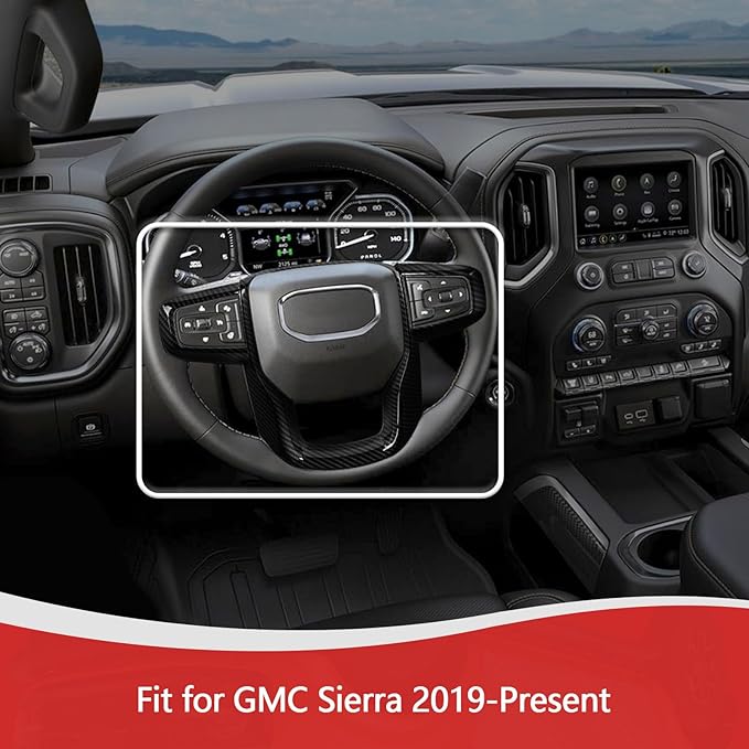 for Sierra Steering Wheel Panel Trim Sticker for GMC Sierra 2019 2020 2021 2022 2023 2024-Present Black Carbon Fiber Interior Accessories 1pc