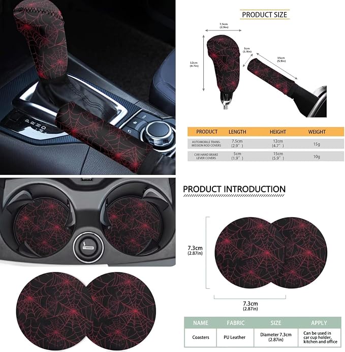 18Pcs Spider Web Auto Seat Cover Full Set Car Steering Wheel Protector+Handbrake Cover+Armrest Cushion+Seat Belt Cushion+ Headrest Protector+Car Coaster+Keychain,Red
