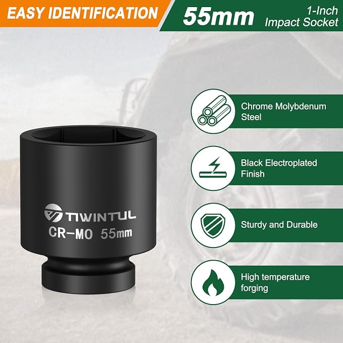 55mm Impact Socket 1-Inch Drive for European Truck & Vehicle | 6 Point Design,CR-MO Metric Socket for High Torque Impact Wrench, Large Socket for Mining, Industrial & Infrastructure Work