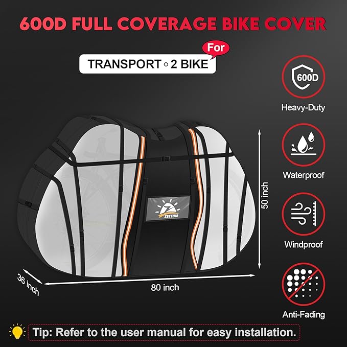Zettum Bike Cover for Transport 2 Bike - 600D Travel Bike Covers for Bikes on Rear Bike Rack Waterproof & Heavy Duty, Outdoor Full Bicycle Rack Cover for 2 Bikes on Car Hitch Storage (Clear)