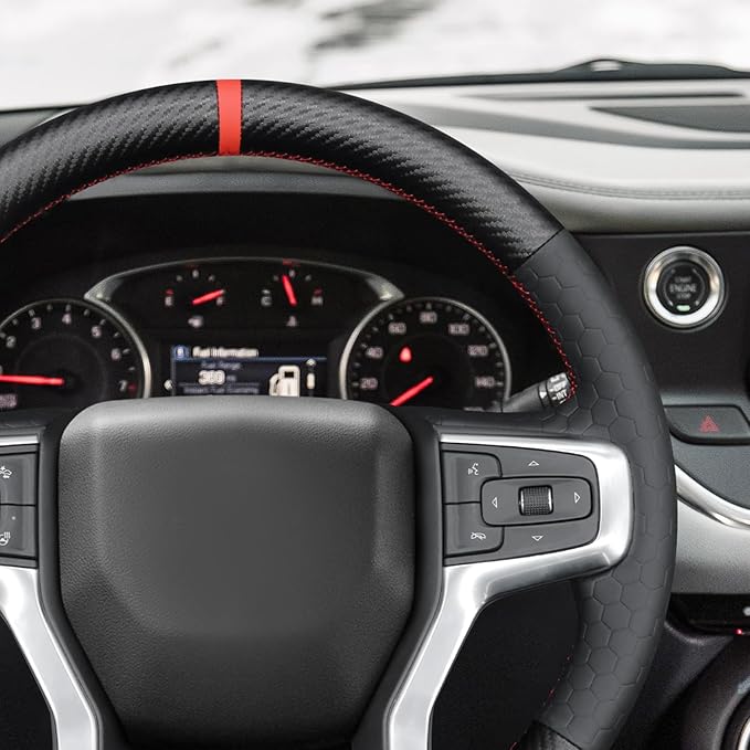 MEWANT DIY Embossed Faux Leather PU Carbon Fiber Steering Wheel Cover for Chevy Silverado 1500 Blazer Suburban Tahoe