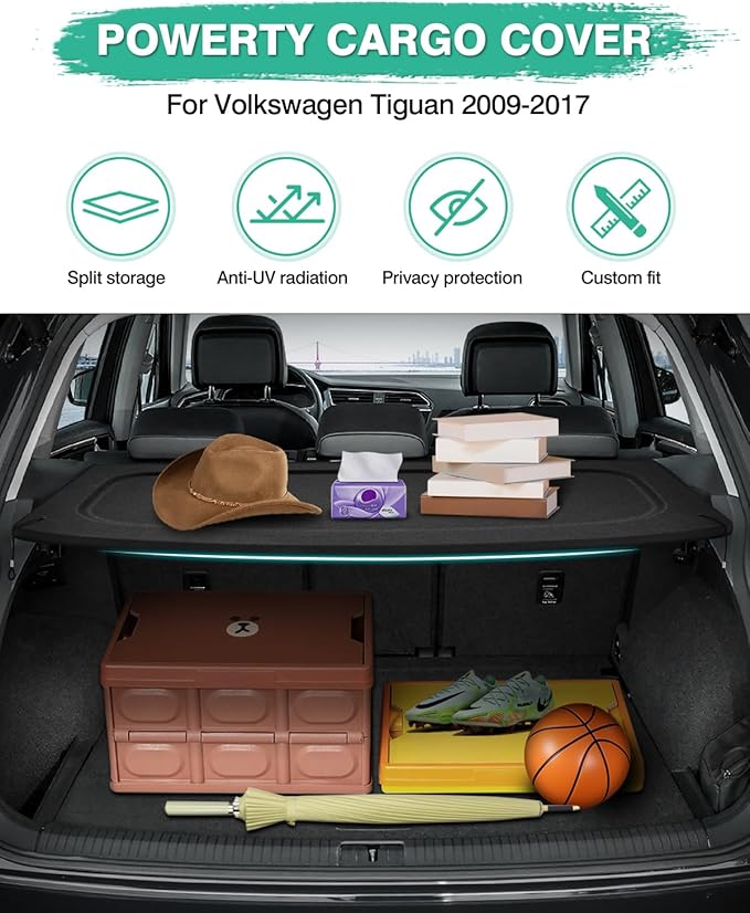Powerty Cargo Cover for 2009-2016 2017 Volkswagen VW Tiguan Accessories Trunk Cover Trunk Shielding Shade Cargo Luggage Cover Black (Can Withstand The Load)