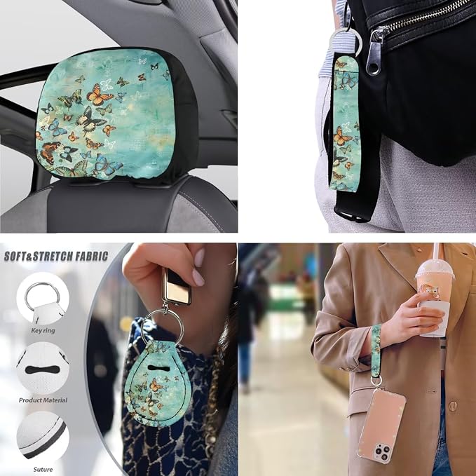 Butterfly 13 Pcs Seat Covers Full Set Realistic Monarch Butterfly Pattern Non Slip and Soft Headrest Cover Car Sage Green Insect Cup Pad Fit for Car,Truck,Van,SUV