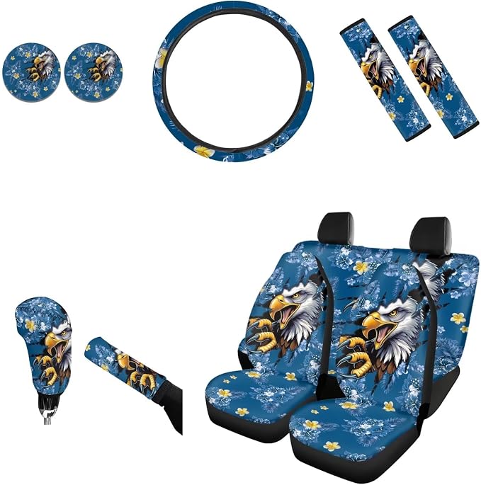 AFPANQZ Eagle Flower 11 Pieces Car Accessories Full Set with Hand Brake Cover + Gear Shift Knob Cover + Seat Belt Pads + Car Coaster + Steering Wheel Cover