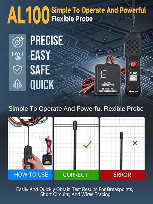 AL100 Wire Tracer Electrical Automotive Short and Open Finder Automotive Circuit Tester Break Finder Fault Probe Wire Detector Tool Electrical DC 6-42V for DIY,Home Use,Mechanic