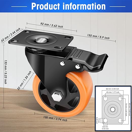 4" Swivel Plate Casters, 1200Lbs Capacity with Brake | Orange, 4-Pack, PU Wheels, Double Ball Bearings, Quiet & Non-Marking, for Workbenches & Carts