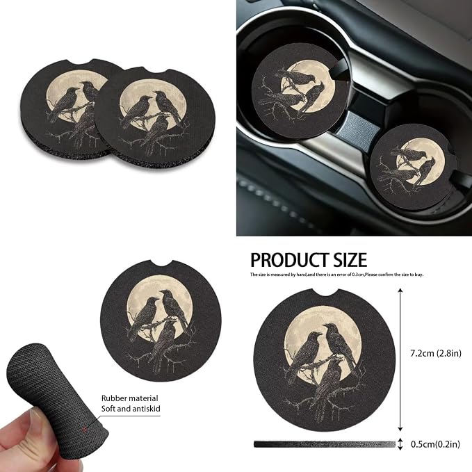 Raven Moon Pattern 10 Pcs Car Accessories Sets Breathable Front Rear Seat Covers Car Air Vent Storage Bag Auto Garbage Can Steering Wheel Cover Coaster Keychain