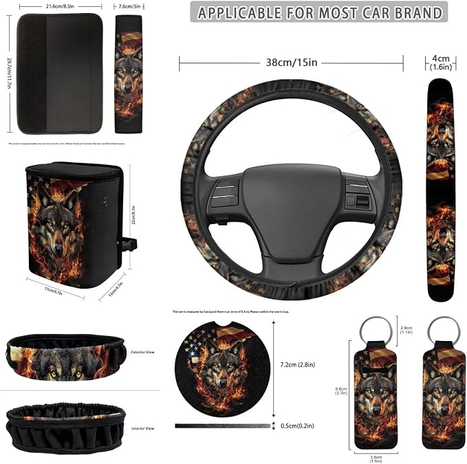 Flag Wolf Car Seat Covers Set of 12 Steering Wheel Cover Seat Belt Pads Car Trash Can Car Keychain Holder Chapstick Holder Suitable for Cars, SUV and Trucks in All Seasons
