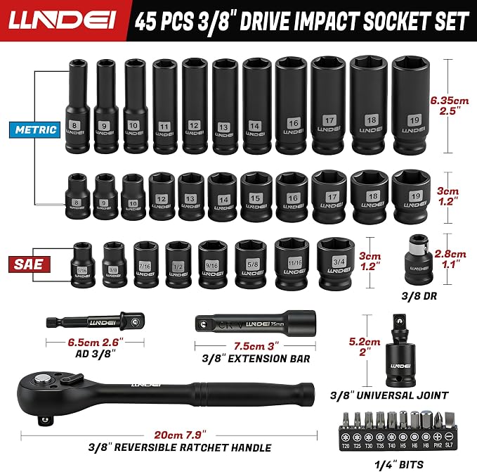 LLNDEI 45PCS 3/8 Inch Drive Impact Socket Set (Metric&Sae) with Transparent Case and EVA Foam Insert, Cr-V Material, for Automotive Engine and Daily Home Repair