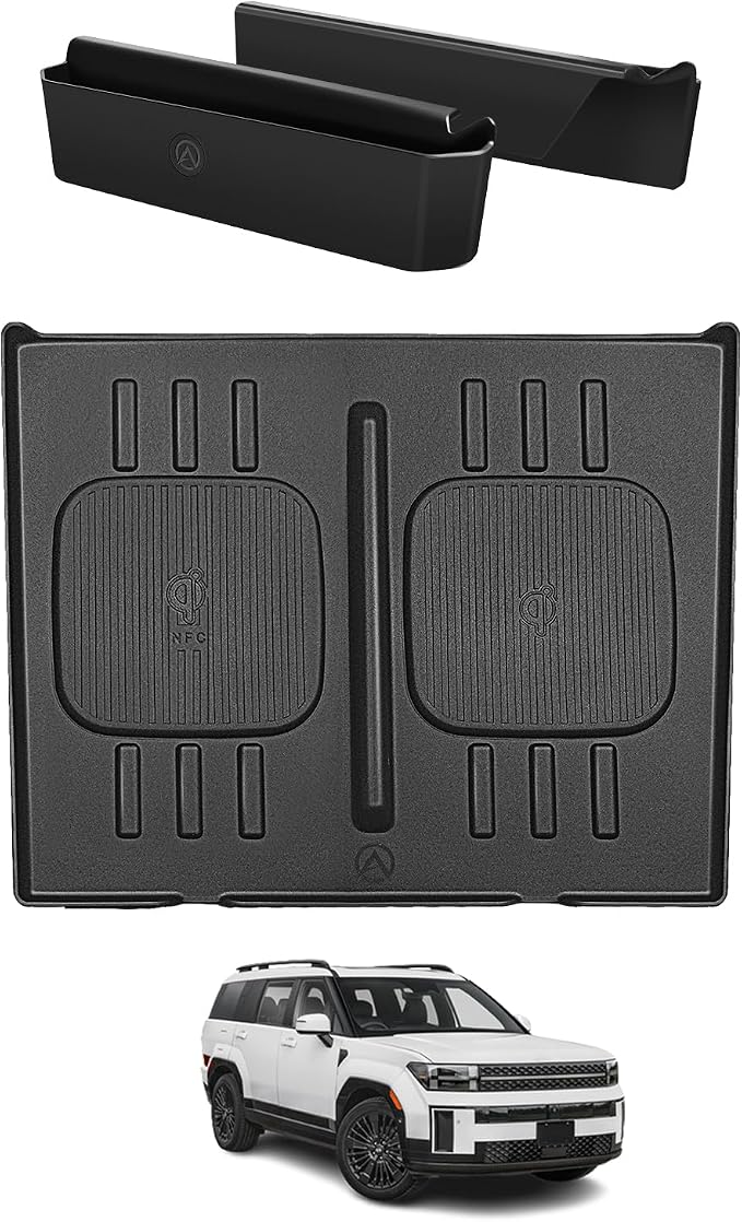 Muslogy Console Organizer Compatible with 2024 2025 2026 Hyundai Santa Fe Accessories Middle Console Storage Box Phone Pockets & Wireless Phone Charging Mat Silicone Protection
