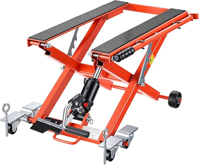 VEVOR Hydraulic Motorcycle Lift Jack, 1100 lbs Capacity, Scissor Lift Jack Portable Motorcycle Hoist Stand with 6 Wheels, 4.72"-15.15" Height Range, Hydraulic Foot-Operated Hoist Stand for Dirt Bikes