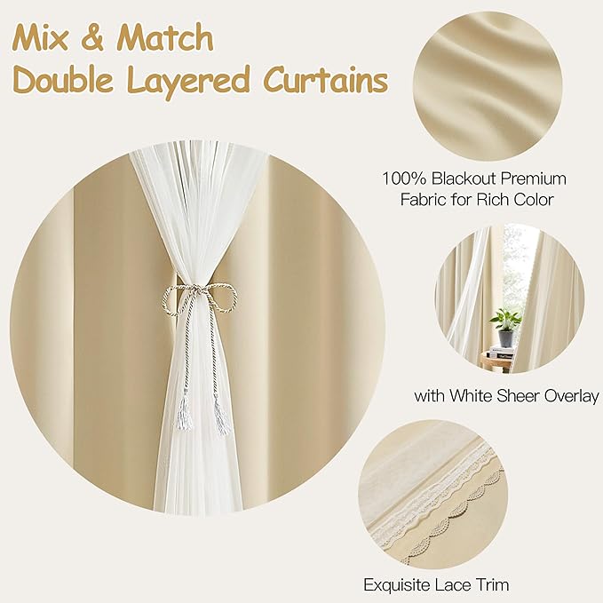 XiDi 100% Blackout Curtains with Sheer Overlay 84 Inches Long 2 Panels for Girls Bedroom Living Room Thermal Insulated Room Darkening Double Layer Beige Curtains with Lace Hem Grommet Top W34 x L84