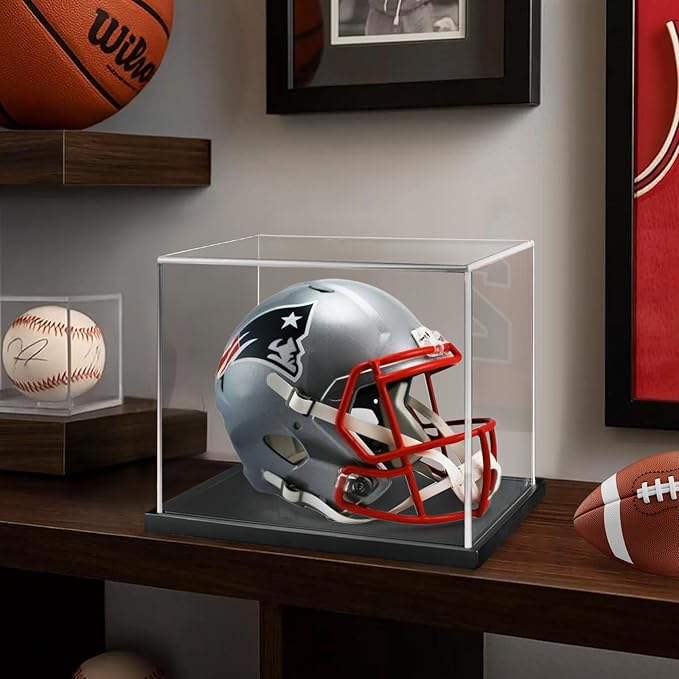 Mini Football Helmet Display Case with Clear Acrylic Cover and Black Solid Wood Base, Great for Sports Enthusiast, Diecast Cards Collectibles Dolls Figurines (Not Full Size)