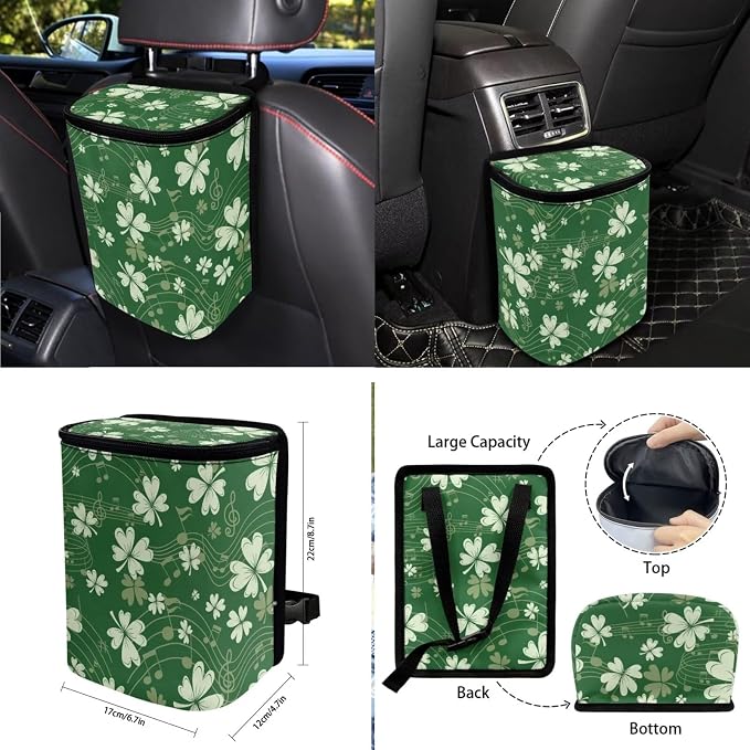 Shamrock Music Note Pattern 10 Pcs Car Seat Covers Full Sets Anti-Slip Steering Wheel Cover and Car Trash Bin with Car Air Vent Storage Cup Holders Lanyard Keychain for Automobile Interior