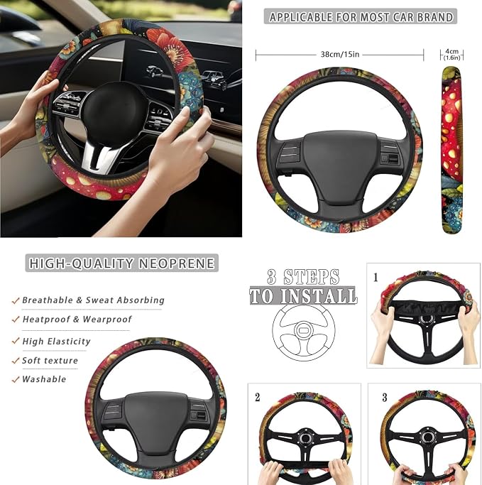Moon Mushroom Frog Car Seat Covers Set of 15 with Universal Steering Wheel Cover, Rearview Mirror Cover, Car Trash Can, Seatbelt Pads, Cup Holder Coasters, Keychains