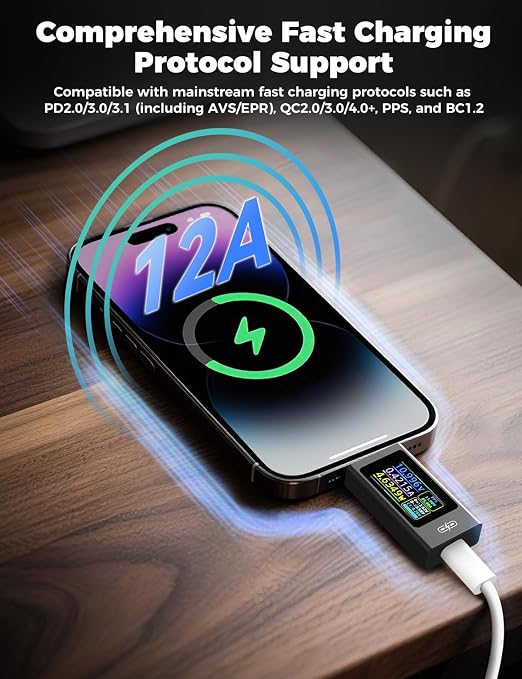 UT01C USB Tester, 3.3-40V 0-12A USB C Cable Tester, Voltage Current Power Tester Multimeter, Fast Charging Protocol Detection Ripple Measurement, PD2.0/PD3.1, QC2.0/QC3.0/QC4.0 (Black)