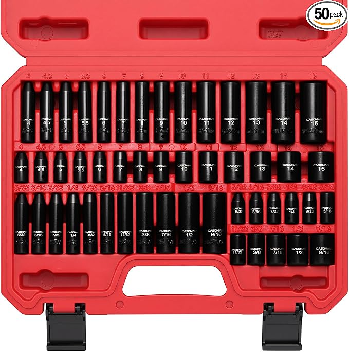 CASOMAN 1/4 Inch Drive Master Impact Socket Set, 50-Piece, 6-Point, SAE/Metric, 5/32 Inch - 9/16 Inch, 4mm - 15mm, Standard/Deep,CR-V