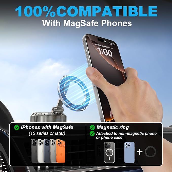 Metal Magnetic Car Phone Holder, 360° Adjustable Magsafe Car Phone Mount, Vacuum Suction Cup Phone Holders for Your Car for iPhone 17-12 Pro Max Air Plus & Android (Dark Gray)