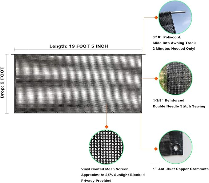 Shadeidea RV Awning Sun Shade Screen for Rv Awning - 9' X 19' 5'' (fit for 20' Awning) Black Mesh Sunshade Motorhome Camping Trailer Screen Shade UV Sunblocker Canopy Sunscreen - 3 Year Warranty