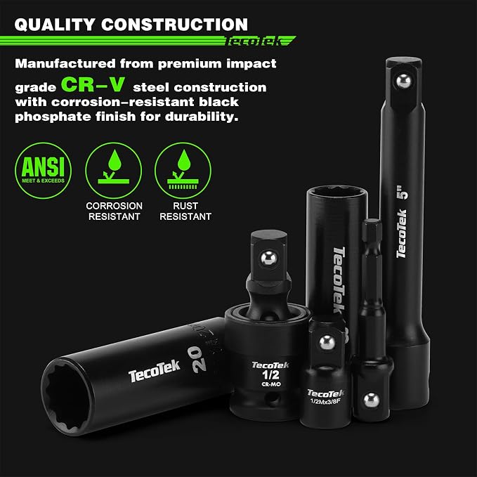 TecoTek 1/2" Drive Deep 12-Point Impact Socket Set, 32-Piece Socket Set, SAE 3/8-1-Inch and Metric 10-24mm Size, Includes Extension Bars, Universal Joint and Adapter, CR-V Steel