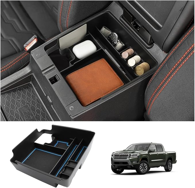 LUWU 2025 2026 Frontier Center Console Organizer for 2022 2023 2024 2025 2026 Nissan Frontier Accessories Armrest Console Storage Box Insert Tray ABS Material Blue-trim