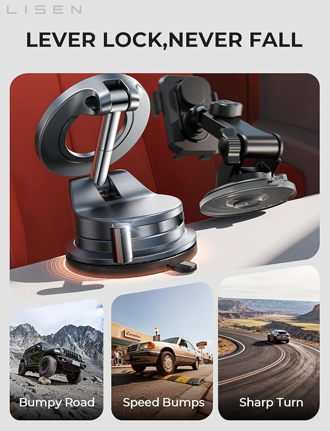 LISEN for Magsafe Car Mount, Cell Phone Holders for Your Car, Magnetic Car Accessories for Women Men Jeep Truck, Gifts for Mothers Day Him Her for iPhone 17 Pro Max 16 15 14 13 12, Samsung S26, Black