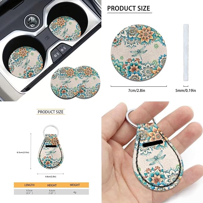 Suobstales Boho Dragonfly Flower Print Car Accessories for Women Men Seat Covers for Car, Trucks, SUV Full Set Interior Cover Seat Protectors with Steering Wheel Cover,Seat Belt Pads,Coaster,Keychains