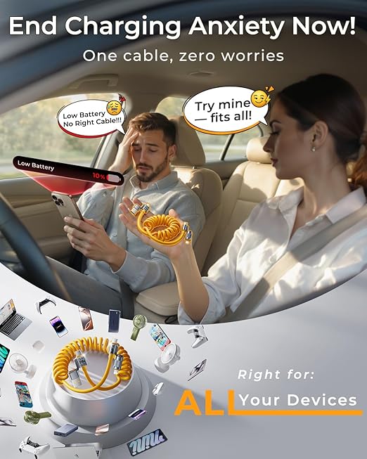 4-in-1 Coiled USB C Cable for Car 5FT [240W Fast Charging] Compatible with Lightning Cable [CarPlay & Android Auto] Multi Charger Cord Combo with L/Type C/USB A Ports for iPhone/iPad (Yellow)