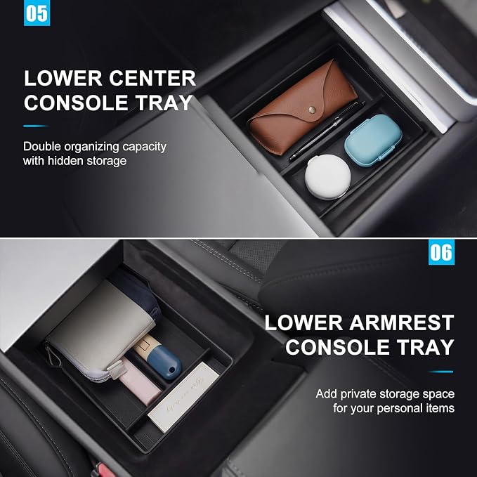 BBTO 8 Pcs Center Console Organizer Compatible with Tesla Model Y Juniper 2025 2026 Accessories Double Layer Center Console Tray Hidden Storage Box Charging Pad Cupholder Interior Storage Accessories