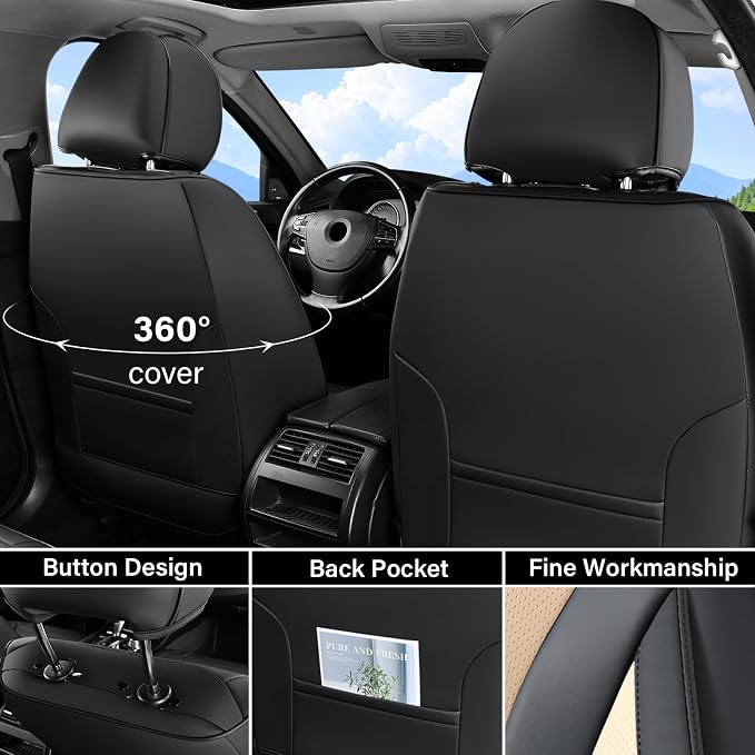 Coverado Waterproof Nappa Leather Car Seat Covers, Automotive Seat Covers，Front Car Seat Cushion & Car Seat Protector, Black&Beige Seat Covers Universal Fit for Most Cars, SUVs, Trucks