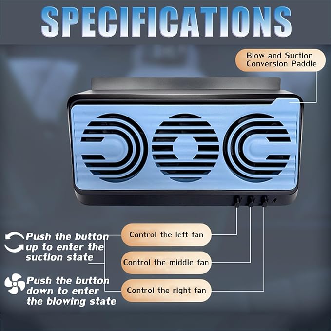Car Solar Powered Exhaust Fan Torcarvh Car Window Exhaust Fan 180° Vehicle Ventilation Fan Car Radiator Cooling Fan Air Vent Cooler Ventilation System with Three Air Outlet (Black-Blue)