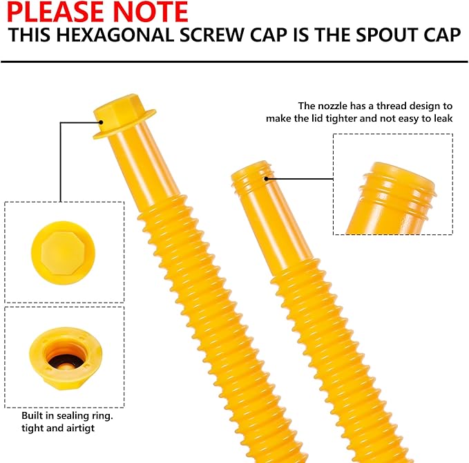 Gas Can Spout Replacement Kit, Gas Can Nozzle Replacement (5 Kit-Yellow) All gaskets are installed and ready to use upon receipt. For 1/2/5/10 gallon gas can. Easy and convenient to use