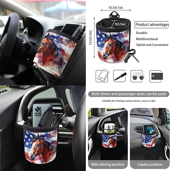 American Flag Horse Printed 15 PCS Car Accessories, Universal Auto Seat Protector Steering Wheel Cover Seatbelt Strap Covers Trash Can Cup Holders Rearview Mirror Cover Keychain