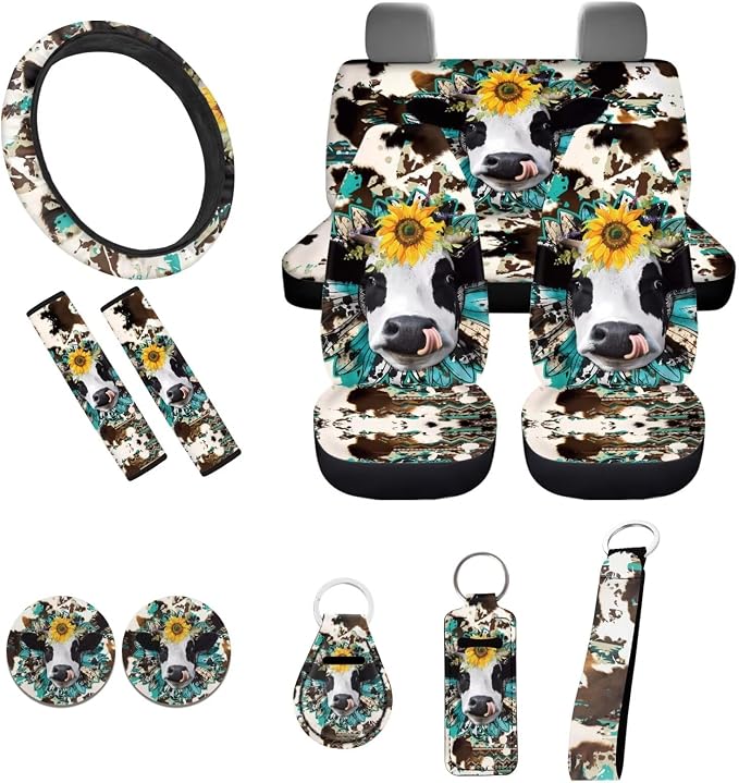 Cow Car Seat Covers Sets11pcs,Sunflower Western Cow Auto Seat Protector Pad+Seatbelt+Steering Wheel Cover+Car Coasters+ Interior Accessory+Cowhide Keychain for Women Men