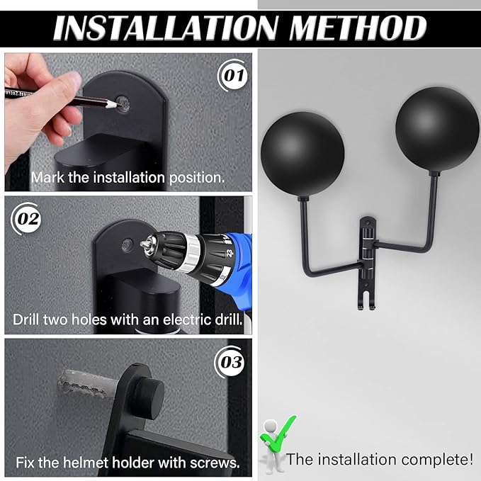 Kikerike Motorcycle Helmet Rack Wall Mount 180 Degree Rotation Metal Bike Helmet Holder Mount Bicycle Helmet Display Hanger Stand with 2 Hooks for Motorcycle Bike Baseball Rugby Helmet - Black, 1 Pcs