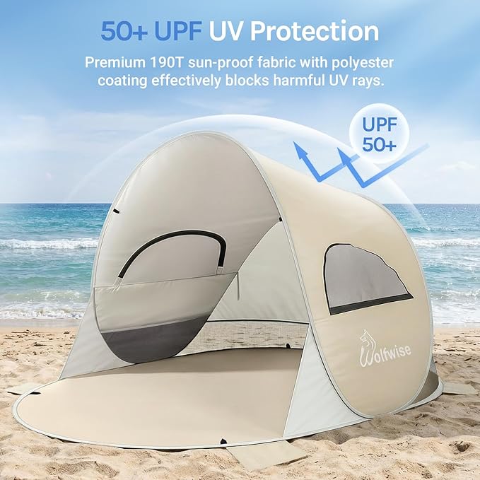 Wolfwise Pop up Beach Tent Sun Shelter with UPF50+ UV Protection, Instant Easy Setup Popup Beach Shade Canopy for 3 Person, Portable & Foldable with Carring Bag, 87 ×57×47 in, Beige