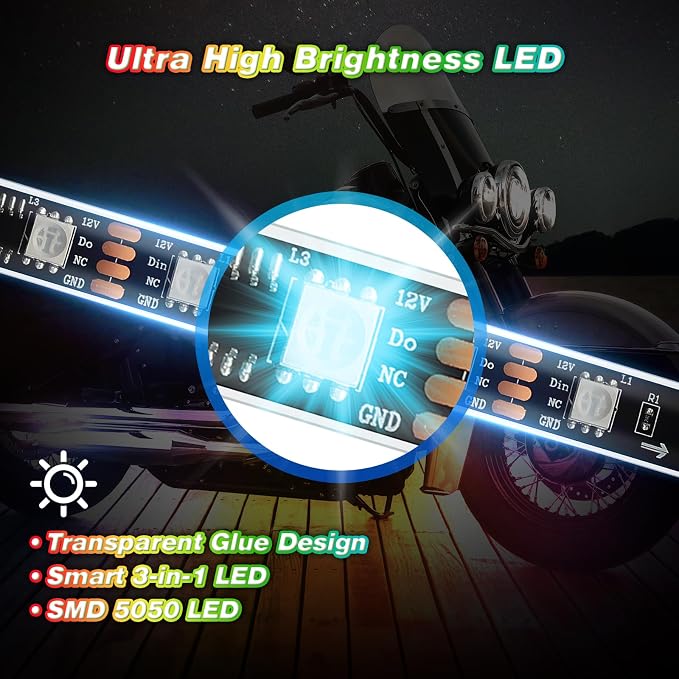 16PCS Chasing Effect Motorcycle RGB LED Lights Kit with APP/RF Remote Brake Turn Signal, Motorcycle LED Underglow Light Magic Strips kit Multi Color Underbody 12v Waterproof for Harley Honda