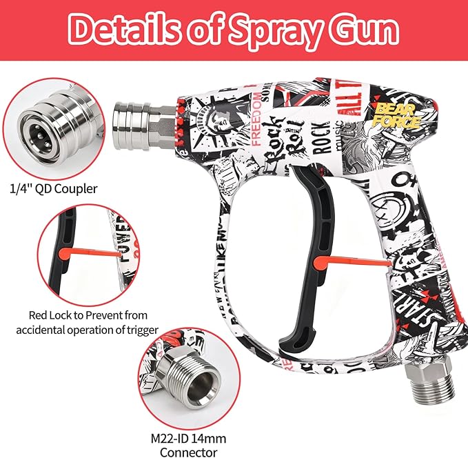 Bear Force High Pressure Washer Gun 3000 PSI Max, Color Painted Power Washer Short Gun M22-ID14mm with 1/4” Quick Connector & 5 Spray Nozzles, Car Wash, Car Cleaning, Car Care Detailing