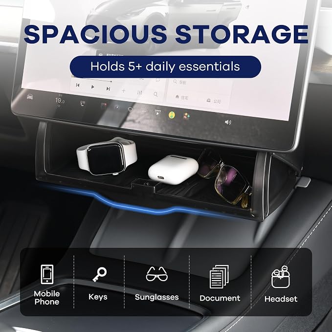 Under Screen Storage for Tesla Model Y/3 - Organizer Tray for Tesla Screen Compartment (Include Juniper & Highland), Enhanced Vehicle Interior with Secure Compartments (Black)