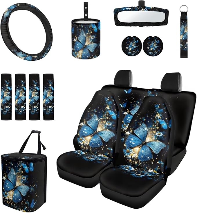 15 Pcs Blue Glitter Butterfly Auto Interior Accessories Car Seat Covers with Auto Steering Wheel Cover Seat Belt Covers Car Trash Can View Mirror Cover Coaster Keychains