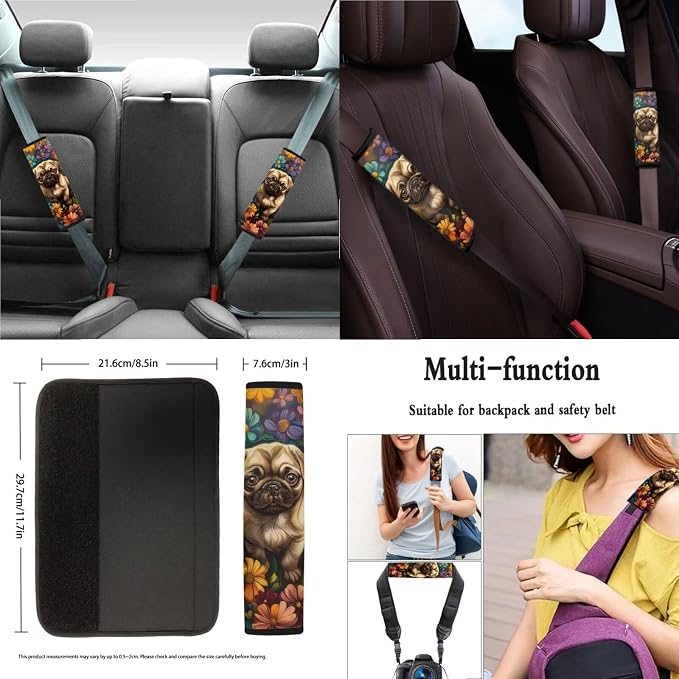 Xoenoiee Pug Dog and Flowers Pattern 11 Pcs Car Accessories with Front & Rear Auto Seats Covers, Steering Wheel Cover, Seat Belt Pads, Cup Coaster, 2 Pcs Keyrings - Universal Fit
