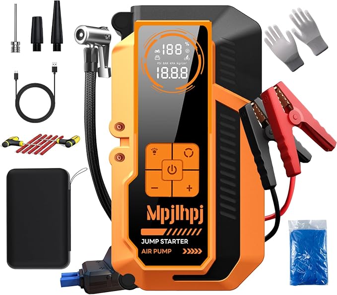 Jump Starter with Air Compressor, 4000A Battery Jumper Starter Portable (8L Gas/6L Diesel) with 150PSI Auto-Shutoff Tire Inflator, 12V Jump Box Car Battery with Lights,Gloves,Car Emergency Kit