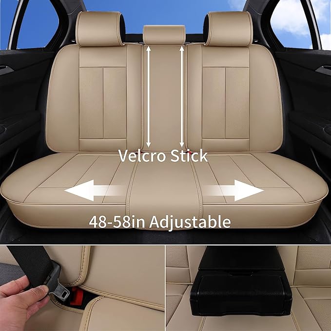 Coverado Universal Seat Covers Full Set, 5 Seats Universal Seat Covers for Cars, Waterproof NAPPA Leather Car Seat Covers with Head Pillow, Auto Protectors Fit for Most Sedans SUV Pick-up Truck, Beige