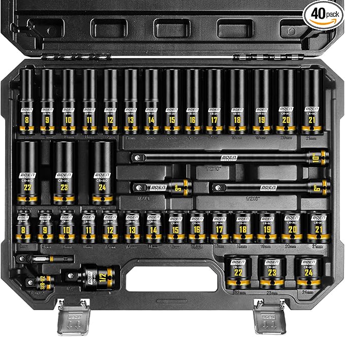 BOEN 40-Pieces 1/2" Drive Impact Socket Set, Metric (8-24mm) Deep & Shallow Socket, 6-Point Design, Yellow Embossed Marking, CR-MO Steel