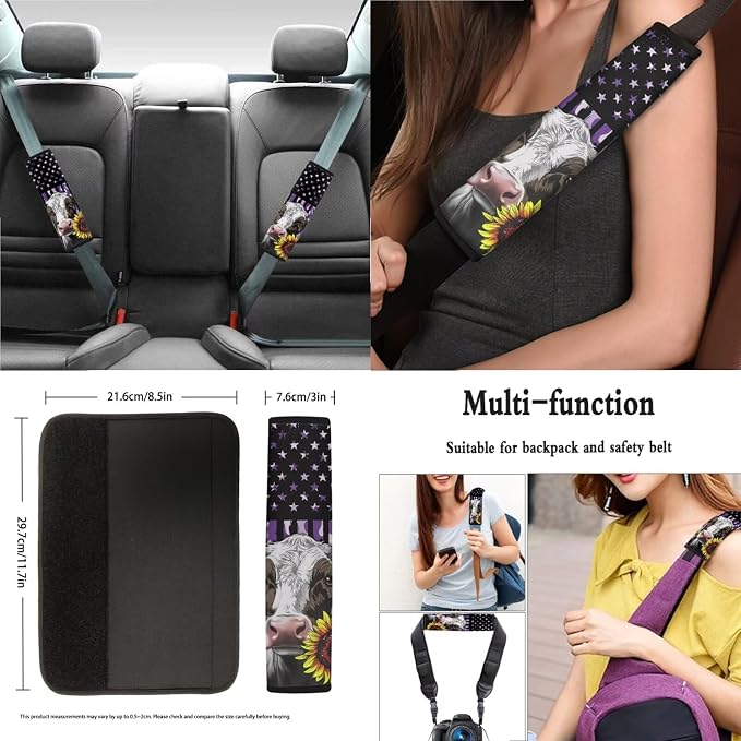 Cow Sunflower Camo American Flag Pattern Car Seat Cover Full Set, 13 PCS Car Accessories with 1 Soft Steering Wheel Cover, 4 Safe Belt Cover, 4 PCS Coasters as Gift for Family and Friend