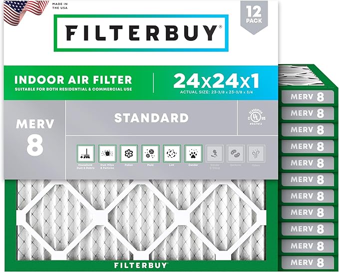 Filterbuy 24x24x1 Air Filter MERV 8 Essential Dust & Allergy Defense (12-Pack), Electrostatic Pleated HVAC AC Furnace Filters Replacement (Actual Size: 23.38 x 23.38 x 0.75)