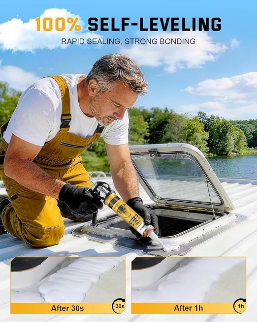 RV Roof Sealant 4 Pack, 30 Seconds Self Leveling Lap Sealant – White, Fast Curing Waterproof Flexible Caulk RV Sealant with Gloves for Camper Trailer Roofs Maintenance Repair