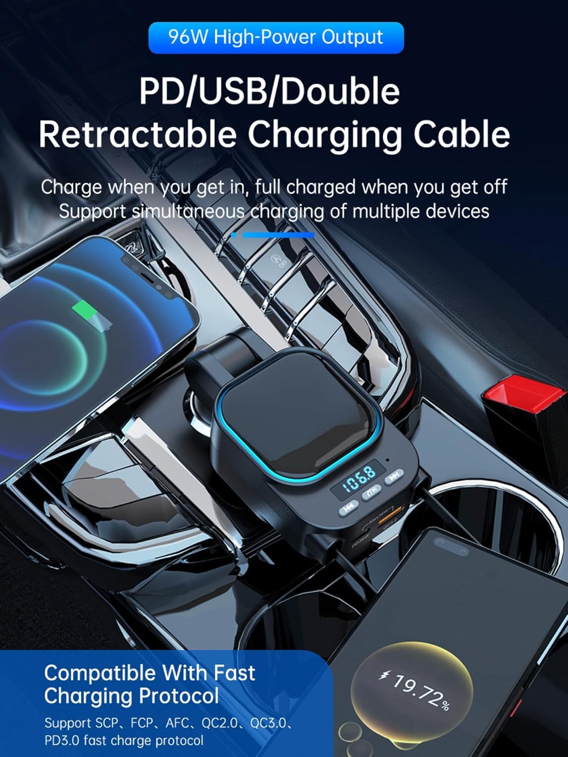 Retractable Car Charger 96W with Bluetooth Car Adapter, 4 in 1 Fast Charging, Radio Bluetooth 5.3 FM Transmitter, Handsfree Calling, USB C Phone car Charger Adapter for iPhone 16 15 14 13 12