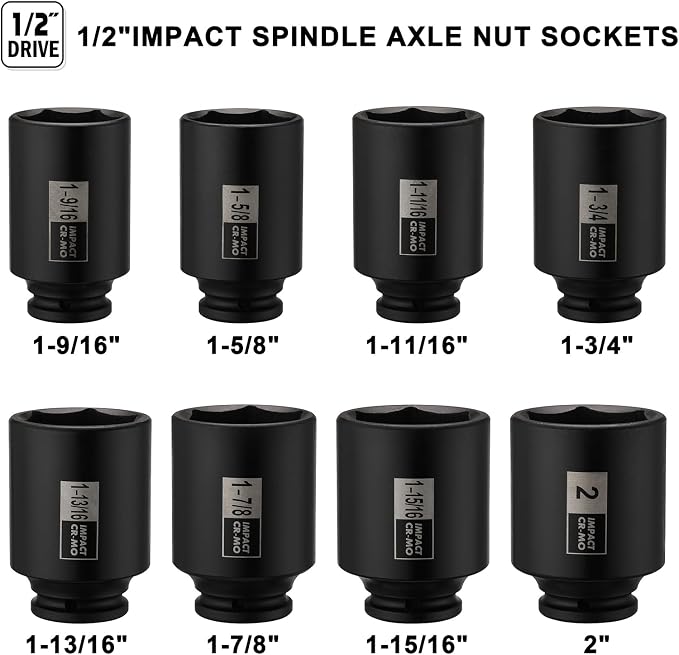 Mayouko 1/2" Drive Spindle Axle Nut Impact Socket Set, CR-MO, 6 Point, 1-9/16",1-5/8",1-11/16",1-3/4",1-13/16",1-7/8",1-15/16",2", SAE, 90mm Length